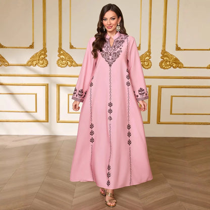 Fashionable Muslim Women's Printed Robe New Dubai Arab Elegant V-neck Long Dress For Outerwear Dubai Luxury Islam Elegant