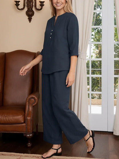 2025 Autumn Pant Sets ZANZEA Women 2PCS Outfits Elegant 3/4 Sleeve Blouse Wide Leg Trousers Suit Fashion Solid OL Work Tracksuit