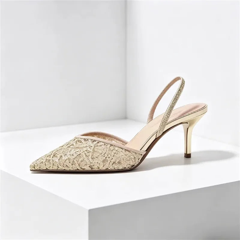 Gold Mesh Embroidered Floral Design Mules Sandals Women Sexy Pointed-Toe Back Strap High Heels for Ladies Elegant Party Shoes
