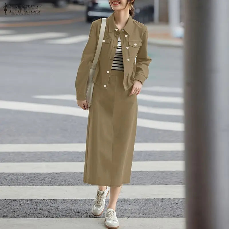 ZANZEA Fashion Women's Skirt Suits Autumn Long Sleeve Jackets and Elastic Waist Midi Skirts 2 Piece Sets Outfits Woman Clothes