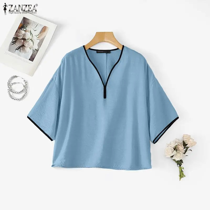 ZANZEA Woman Casual Blouses Contrast-Trim V-Neck 3/4 Sleeve Loose Tunic Tops Autumn 2026 Minimalist Daily Wear Blusas Mujer