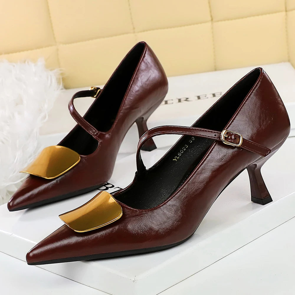 BIGTREE Shoes Metal Decoration Women Pumps Kitten Heels 6 cm Pointed Women Shoes Stiletto Retro Middle Heel Shoes Banquet Shoes