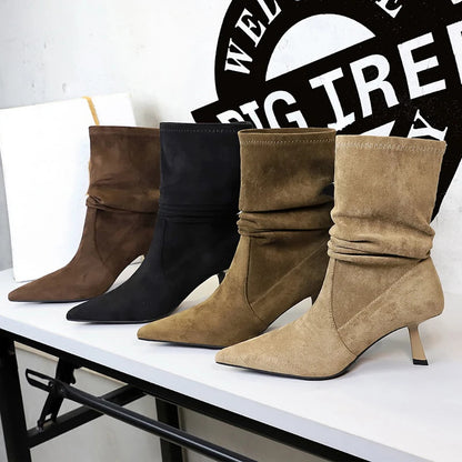 BIGTREE Shoes Women Pleated Elastic Boots Woman Stiletto 6.5 CM High Heel Boots Suede Ankle Boots Fashion Pointed Short Boots