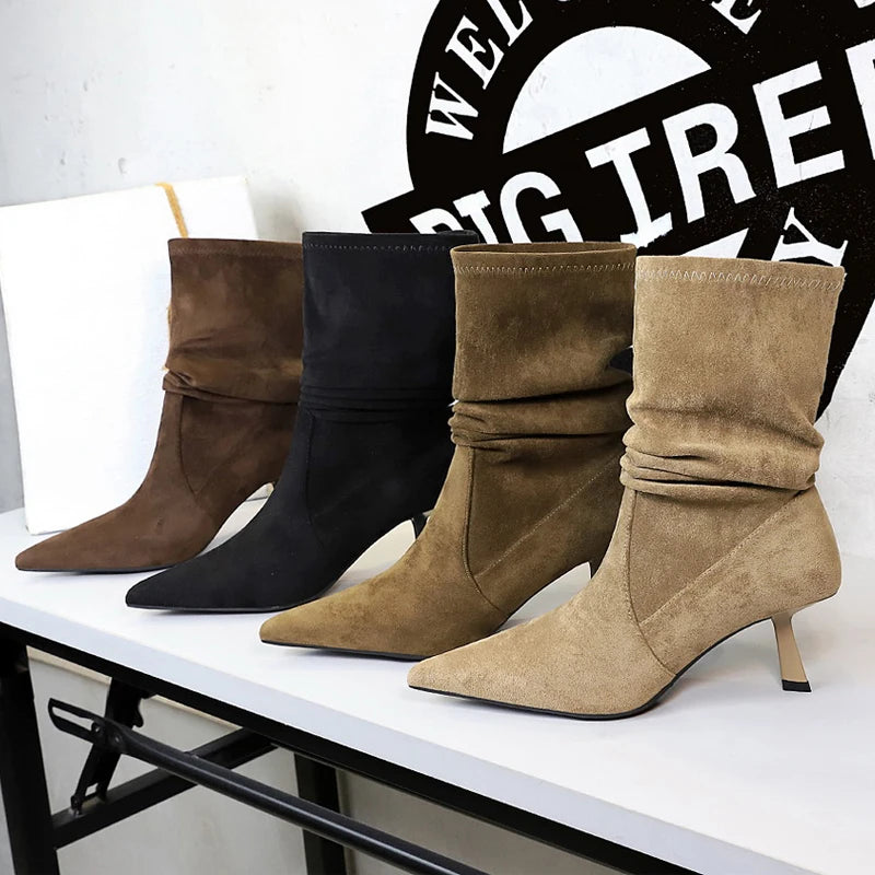 2026 New Women Pleated Elastic Boots Pointed Tip Mid-Calf Boots Women Shoes Suede Autumn Winter Boots Stilettos High Heel Boots