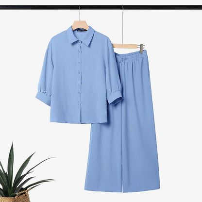 ZANZEA Plus Size 5XL Women Crinkled Fabric Pant Sets 3/4 Sleeve Shirt & Wide Leg Pant 2-Piece Sets Autumn Daily Casual Co-ords