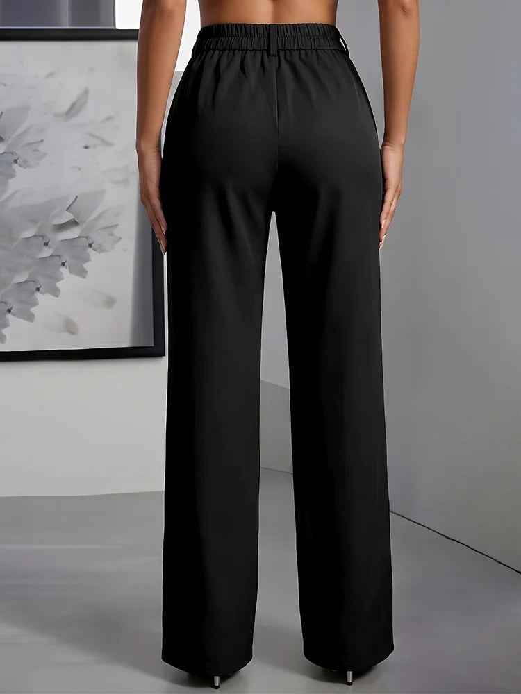 Women High Waisted Wide Leg Office Trousers, Solid Black Pleated Elegant Crease Dress Pants, Professional Full Length Trousers
