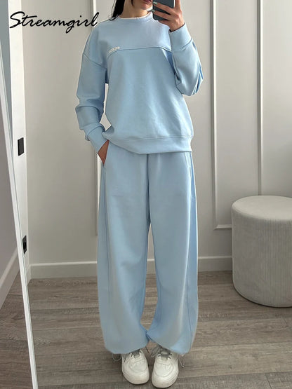 Women Two Piece Sets Pants Outfits Fall Oversize Blue Tracksuits Sweatshirts And Sweatpants Butter Yellow Sets Suits For Women