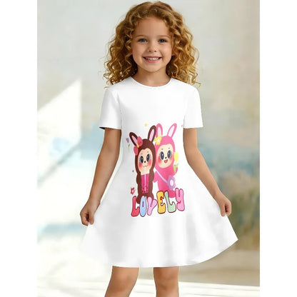 Little Girls 3 Styles Cherry Cartoon Rabbit Capybara Print Round Neck Short Sleeve A-Line Kids Summer Flared Swing Dress