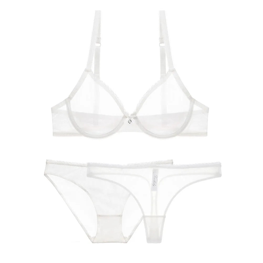 Ultra-thin Cup Mesh Lace Underwear Transparent Unlined 1 Bra+2 Panties Plus Size Bra Set For Ladies