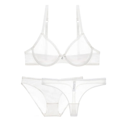 Ultra-thin Cup Mesh Lace Underwear Transparent Unlined 1 Bra+2 Panties Plus Size Bra Set For Ladies