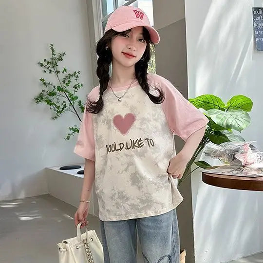 Big Girls Summer T-Shirt Raglan Sleeve Casual Tee Fresh Sweet Fashion Top New Arrival Short Sleeve for Kids Daily Outfit
