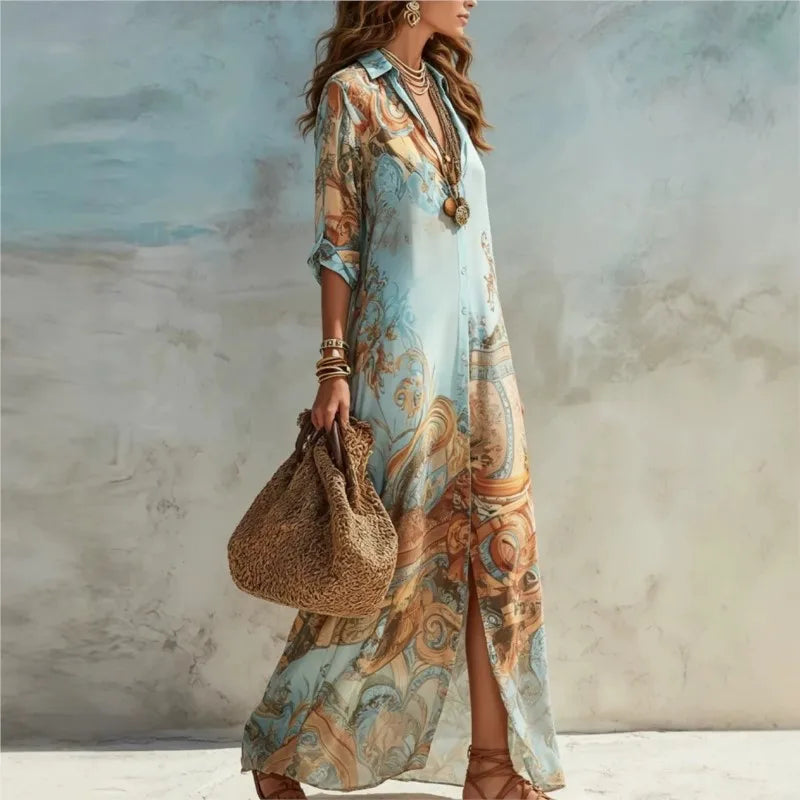 Boho Floral Print Shirt Dresses Women Turn-down Collar Single-breasted Loose Long Dress Summer Casual Beach Vacation Flowy Dress