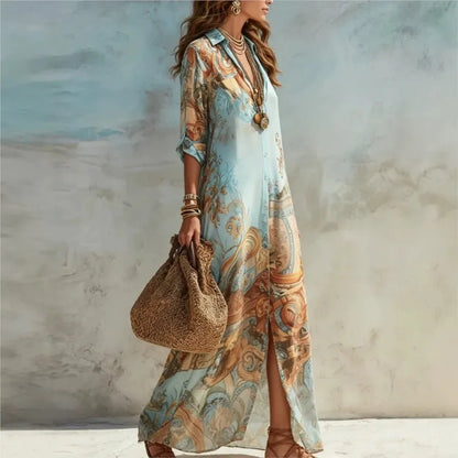 Boho Floral Print Shirt Dresses Women Turn-down Collar Single-breasted Loose Long Dress Summer Casual Beach Vacation Flowy Dress