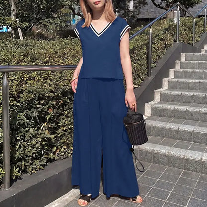ZANZEA Women Fashion Pant Sets Summer Contrast-Trim Cap Sleeve Short Top & Wide Leg Pant 2 Pieces Sets Casual Pant Suits Outfits