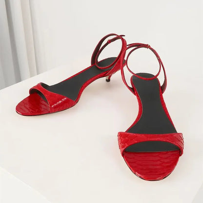 Concise Kitten Heel Ankle Strap Buckle Sandals Women Sexy Peep Toe Low Heel Elegant Leather Pattern Design Party Wedding Shoes
