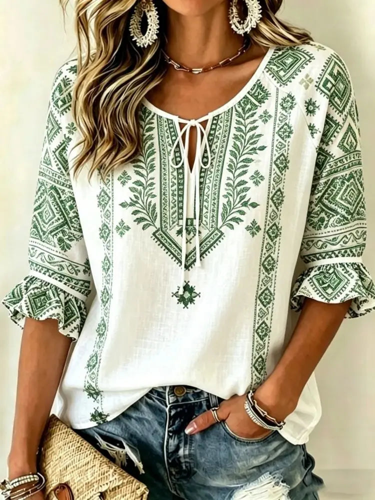 Women's White Colorful Floral Embroidered Tie Neck Blouse, Casual Loose Tops for Spring Summer Daily Wear & Vacation Occasions
