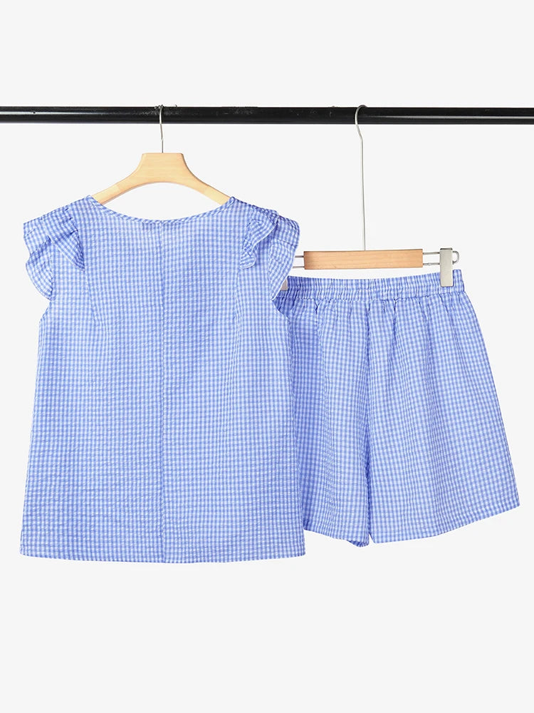 Stylish Smmer 2 Pieces Sets ZANZEA Women Outfits Elegant Sleeveless Blouse Short Sets Plaid Checked Tracksuit 2PCS Holiday Suit