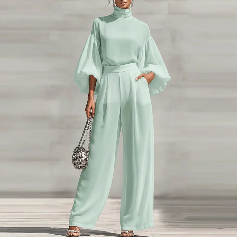 Simple Casual Solid Color Women's Suit Elegant Turtleneck Lantern Sleeve Top & High Waist Pants Set Autumn Loose 2 Piece Outfits