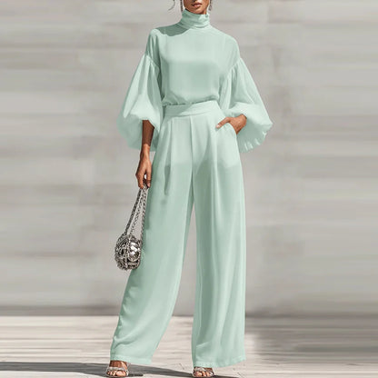 Simple Casual Solid Color Women's Suit Elegant Turtleneck Lantern Sleeve Top & High Waist Pants Set Autumn Loose 2 Piece Outfits