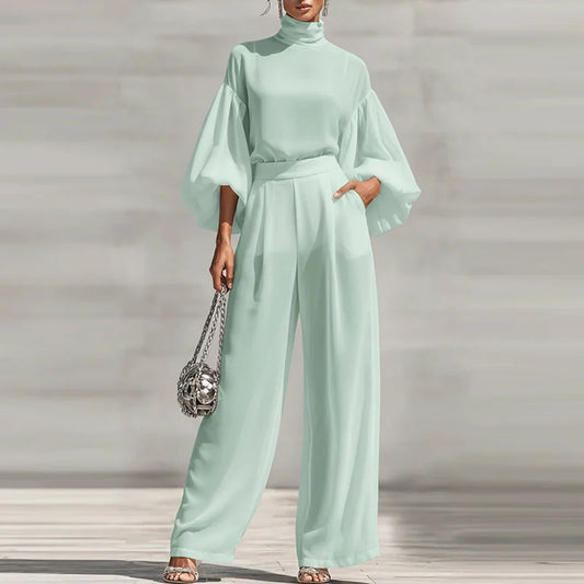 Simple Casual Solid Color Women's Suit Elegant Turtleneck Lantern Sleeve Top & High Waist Pants Set Autumn Loose 2 Piece Outfits