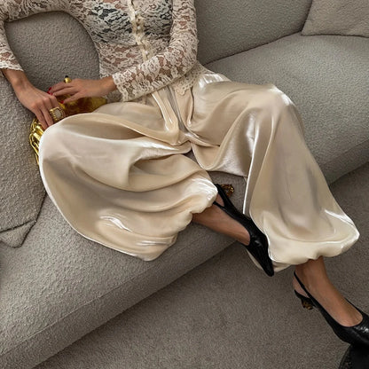 DNBS Satin Finish Women's Loose Balloon Pants, Elastic Cuffed Harem Trousers, Elegant Loungewear for Spring & Summer