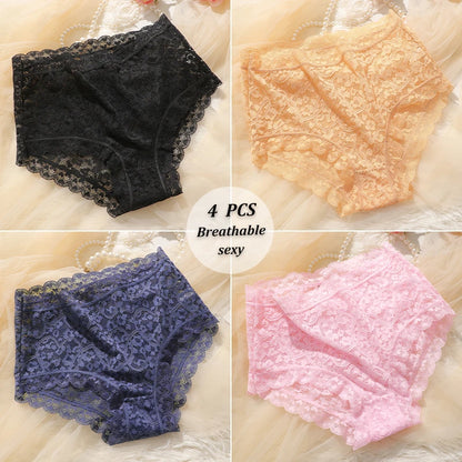 4PCS/SET Women Soft Lace Panties Breathable High Waist Underwear Hollow Sexy Lingerie Floral Solid Color Transparents Briefs New