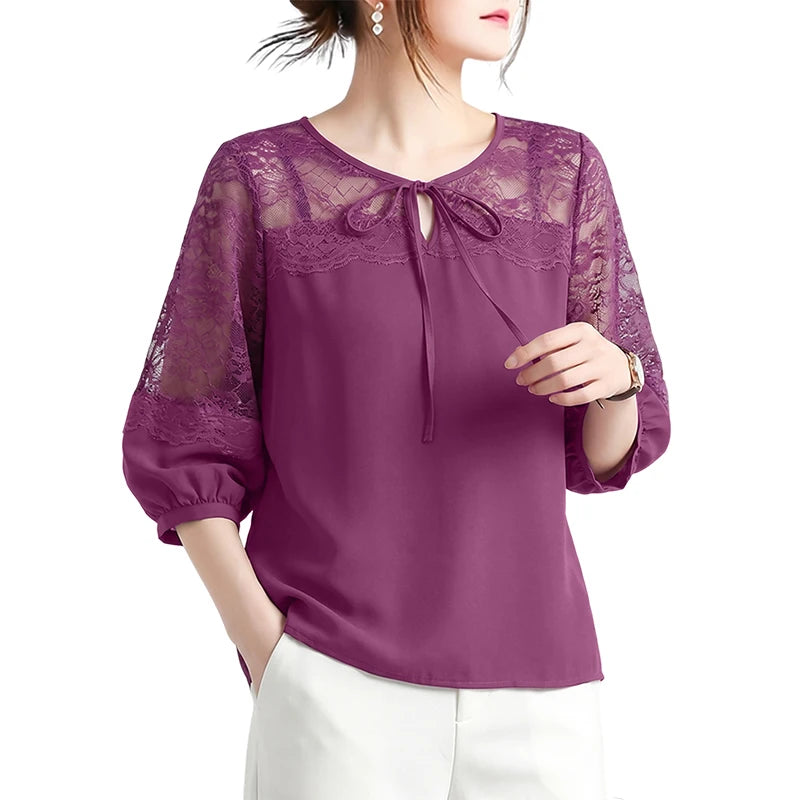 ZANZEA Woman Elegant Lace Patchwork Blouses Lace-Up O-Neck Lantern Sleeves Solid Color Sheer Tops Summer Everyday Wear Blusas