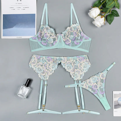 Flower Embroidery Erotica Lingerie Undewear 3 Piece Set Mesh Splicing Transparent Eyelash Bra Panty Suit