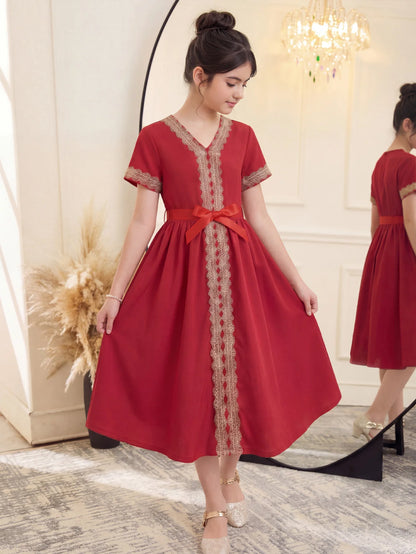 Middle East Girls Summer Floral Lace Short Sleeve Dress with Belt Casual Daily Wear Red Ethnic Style Children's Clothing
