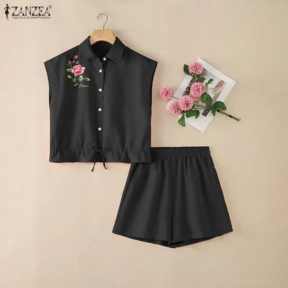 ZANZEA Women Short Sets Two Piece Shorts Sets Floral Drawstring Pockets Casual Summer Lapel Button 2PCS Sleeveless Tops Shorts
