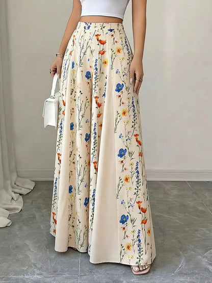 Vintage Floral Print High Waist Flowy Wide Leg Pants, Split Loose Beach Palazzo Pants