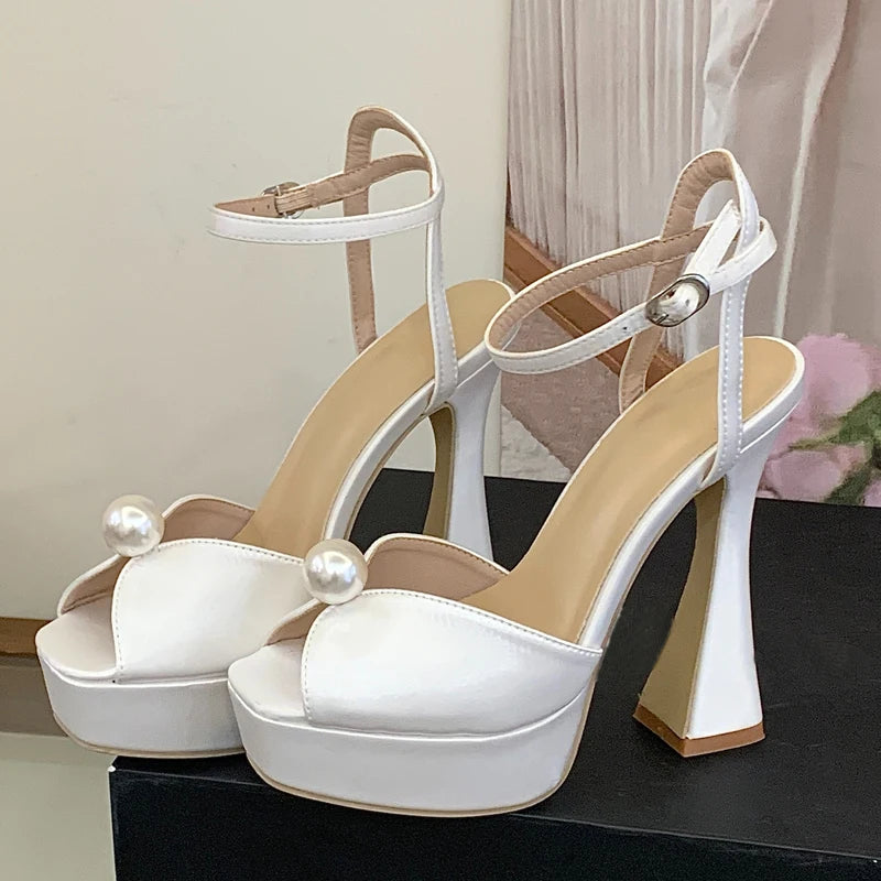 Luxury Satin Pearl Detail Heeled Sandals Women Sexy Peep Toe Buckle Strap High Heels for Ladies Summer Elegant Platform Sandals