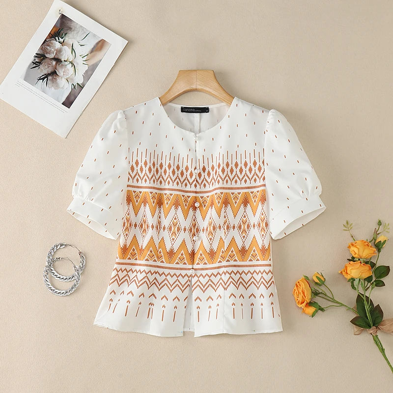 ZANZEA Elegant Ethnic Style Printing Blouses Woman Short Puff Sleeve Button Up O-Neck Shirts Summer Fitted Waist Blusas de Mujer