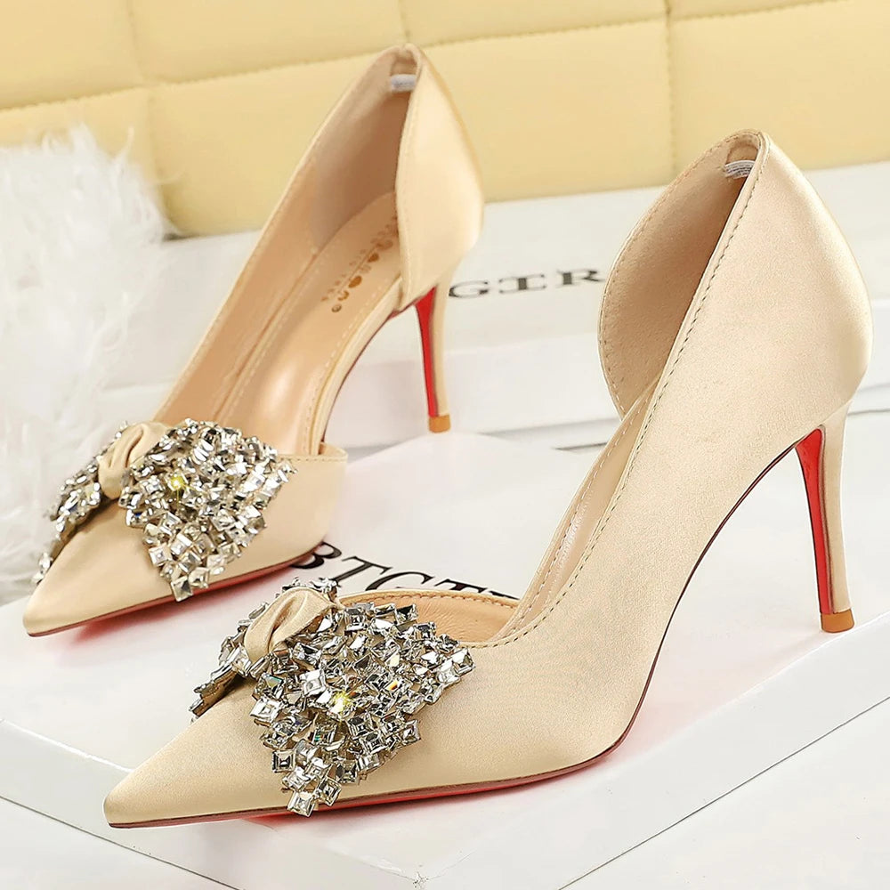 BIGTREE Shoes Rhinestone Bow Women Pumps Silks Satins High Heels Luxury Banquet Shoes Stiletto 7.5 cm 10 cm Sexy Party Shoes