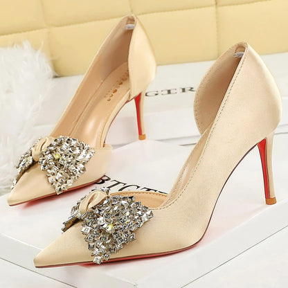 BIGTREE Shoes Rhinestone Bow Women Pumps Silks Satins High Heels Luxury Banquet Shoes Stiletto 7.5 cm 10 cm Sexy Party Shoes