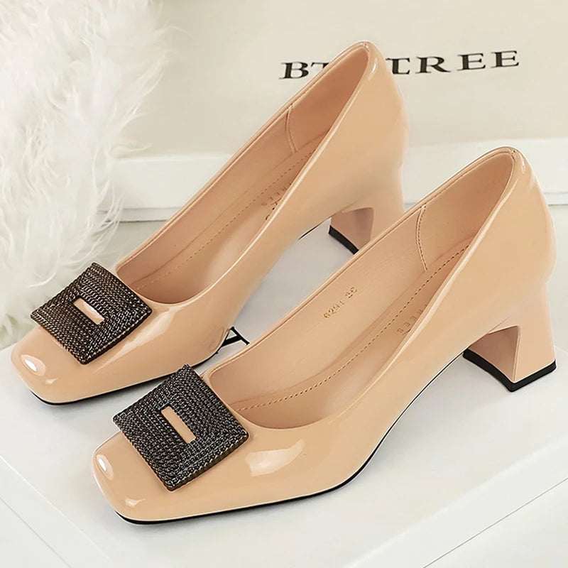 BIGTREE Shoes Metal Buckle Women Pumps Square Head Mid Heel Women Shoes Patent Leather Luxury Banquet Shoes Kitten Heels Lady