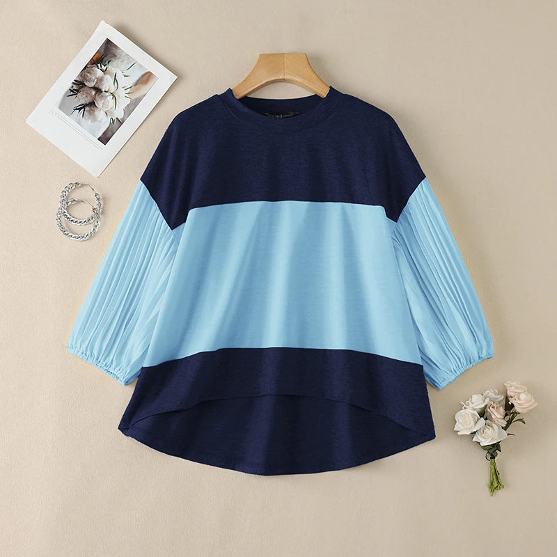 ZANZEA Women Color-Blocked T-Shirts O-Neck 3/4 Pleated Lantern Sleeve Loose Tees Spring Summer Female Elegant Fashion Blouses