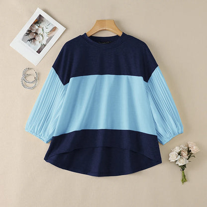 ZANZEA Women Color-Blocked T-Shirts O-Neck 3/4 Pleated Lantern Sleeve Loose Tees Spring Summer Female Elegant Fashion Blouses
