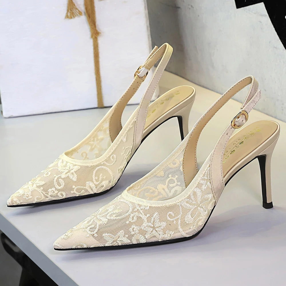 BIGTREE Shoes Lace Mesh Sandals For Women Wearing Heels Ladies Shoes Summer High-heeled Sandals Women Pumps Sexy Party Shoes
