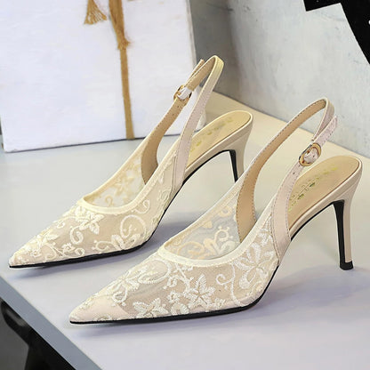BIGTREE Shoes Lace Mesh Sandals For Women Wearing Heels Ladies Shoes Summer High-heeled Sandals Women Pumps Sexy Party Shoes