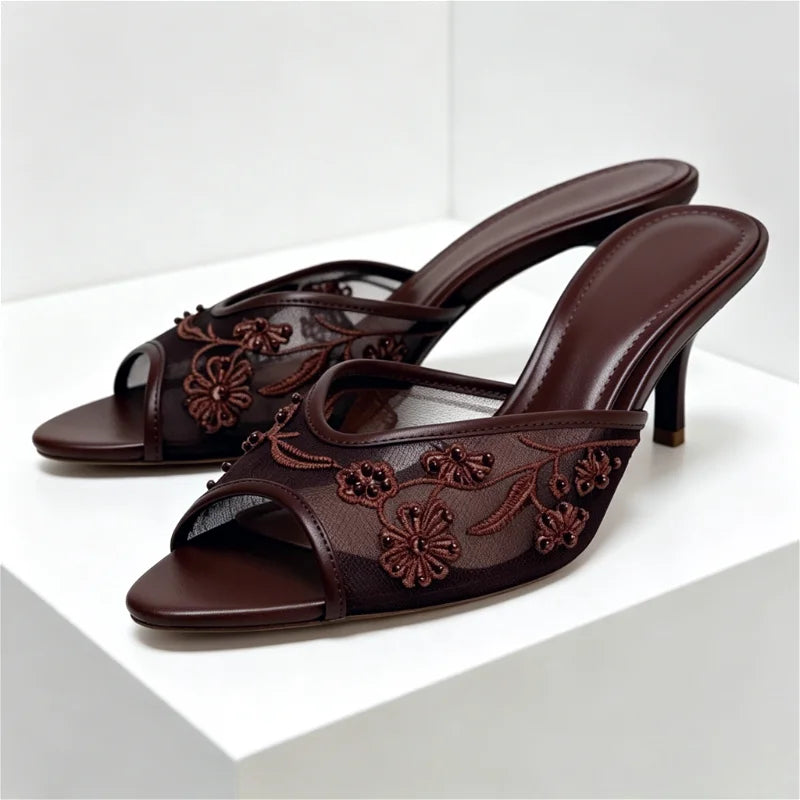 Summer Mesh Embroidery Brown Slippers Women Sexy Peep Toe Heeled Sandals for Ladies Elegant String Bead Decorative Designer Shoe