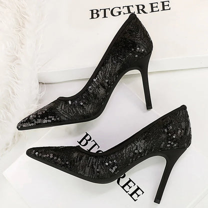 BIGTREE Shoes Women Pumps Pointed Tip High Heels Women 9.5 Cm Heels Lace Mesh Wedding Shoes Stiletto Sexy Party Shoes 3 Color