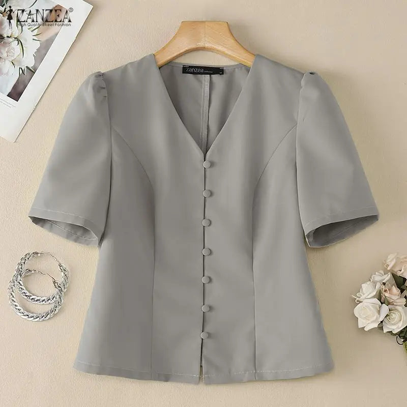 ZANZEA Elegant Woman Princess Seam Blouses Summer V-Neck Puff Sleeves Button Up Solid Short Tops Sophisticated Date Night Blusas