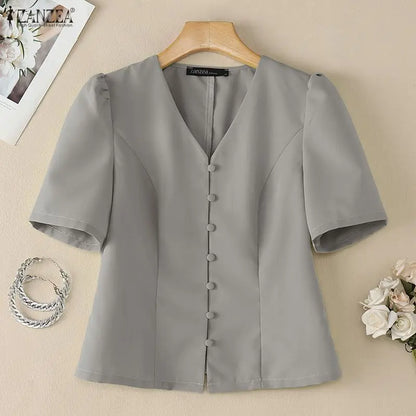 ZANZEA Elegant Woman Princess Seam Blouses Summer V-Neck Puff Sleeves Button Up Solid Short Tops Sophisticated Date Night Blusas