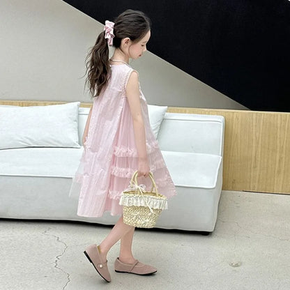 Mesh Skirt Summer Outfit for Girls Cotton Dress Elegant Girl Clothes 7 8 Years Kids Dresses 10 Old Sale Party Pink Princess Suit