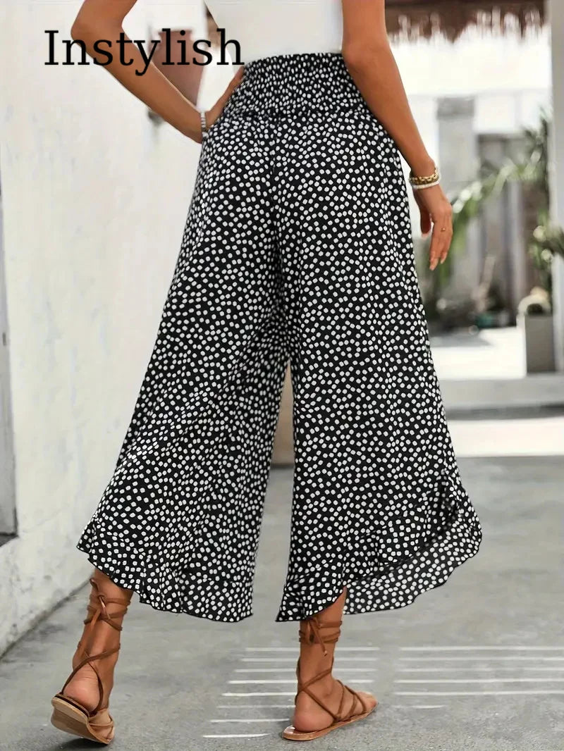 Women's Floral Wide Leg Nine-Point Pants Stretch High Waist Ruffled Slit Hem Casual Summer Beach Flowing Lightweight Pants