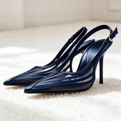 Elegant Pointed Toe Slingback High Heels Women Sexy Mesh Stitching Detail Heeled Sandals for Ladies Summer Luxury Designer Pumps