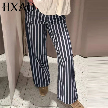 HXAO Striped Denim Pants Women's Pants Summer 2026 Baggy Wide Leg Mid Waist Jeans Office Wear Women Chic Loose Straight Trousers