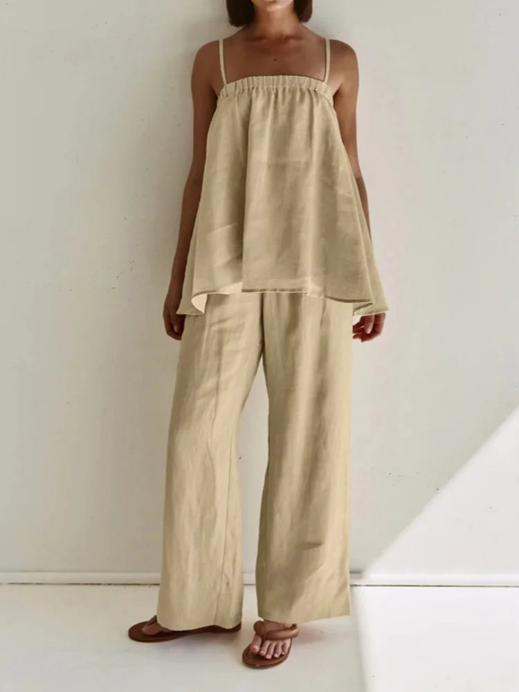 Women Linen Two Piece Set Spaghetti Strap Loose Cami Top Wide Leg Pants Summer Casual Vacation Outfit Matching Suit