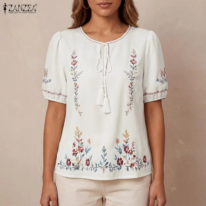ZANZEA Fashion Summer Blouses Casual Short Sleeve Blusas Women Blouse Floral Print Tops OL Work Party Tunic Streetwear Oversize